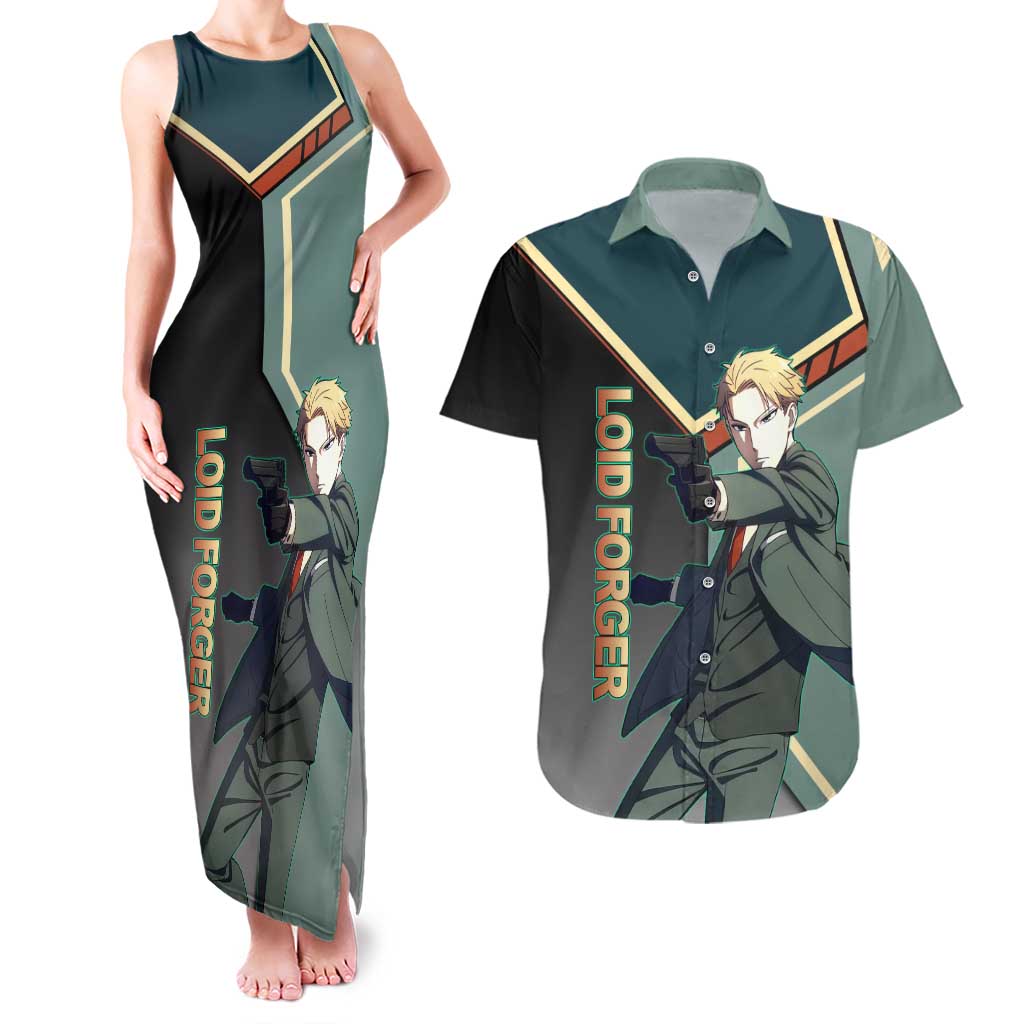 Loid Forger Spy x Family Green and Black Theme Couples Matching Tank Maxi Dress and Hawaiian Shirt with Gun Pose and Sharp Agent Style Design - The Mazicc
