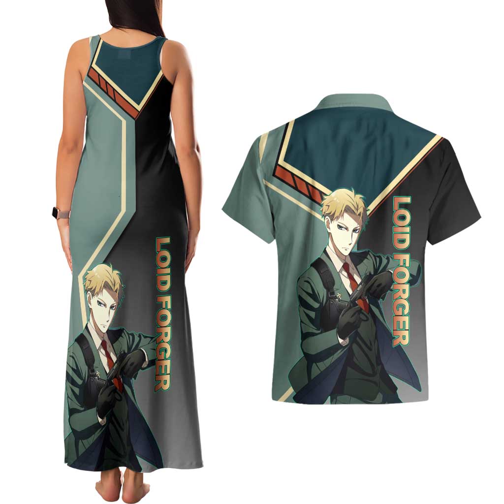 Loid Forger Spy x Family Green and Black Theme Couples Matching Tank Maxi Dress and Hawaiian Shirt with Gun Pose and Sharp Agent Style Design - The Mazicc