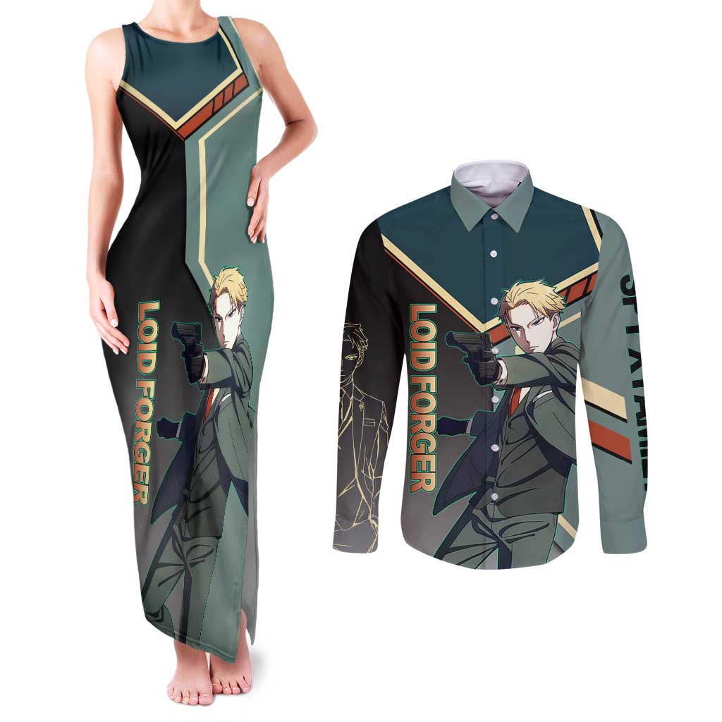 Loid Forger Spy x Family Green and Black Theme Couples Matching Tank Maxi Dress and Long Sleeve Button Shirt with Gun Pose and Sharp Agent Style Design - The Mazicc