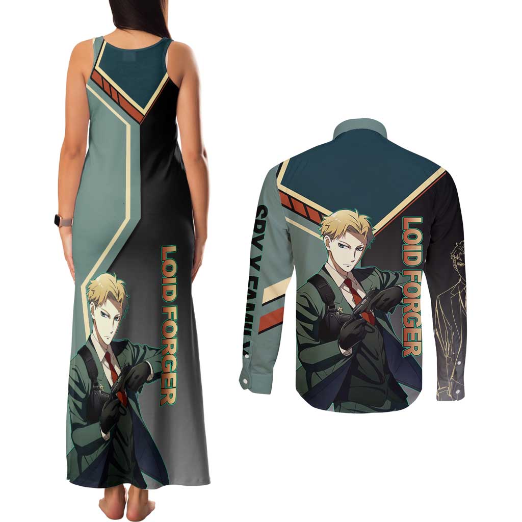 Loid Forger Spy x Family Green and Black Theme Couples Matching Tank Maxi Dress and Long Sleeve Button Shirt with Gun Pose and Sharp Agent Style Design - The Mazicc