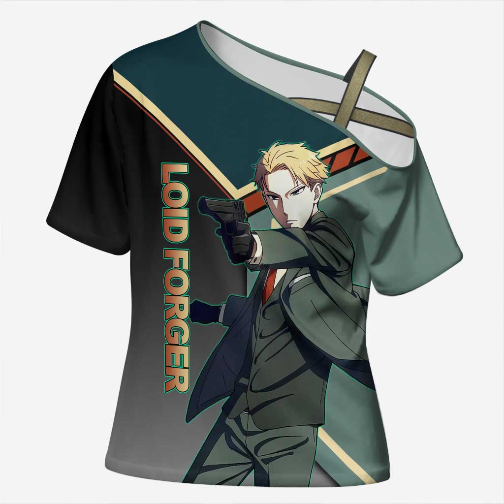 Loid Forger Spy x Family Green and Black Theme Cross Shoulder Shirt with Gun Pose and Sharp Agent Style Design - The Mazicc