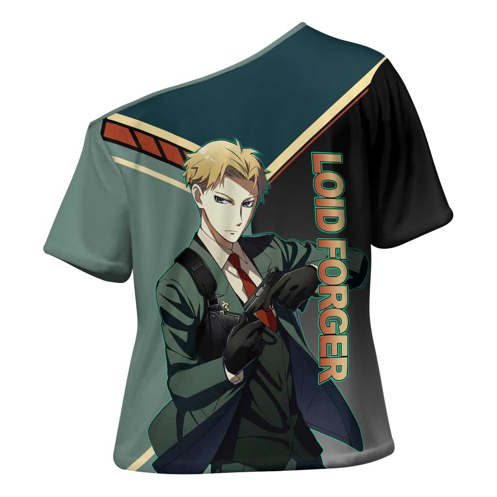 Loid Forger Spy x Family Green and Black Theme Cross Shoulder Shirt with Gun Pose and Sharp Agent Style Design - The Mazicc