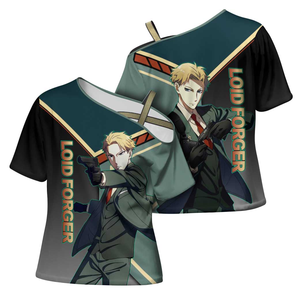 Loid Forger Spy x Family Green and Black Theme Cross Shoulder Shirt with Gun Pose and Sharp Agent Style Design - The Mazicc