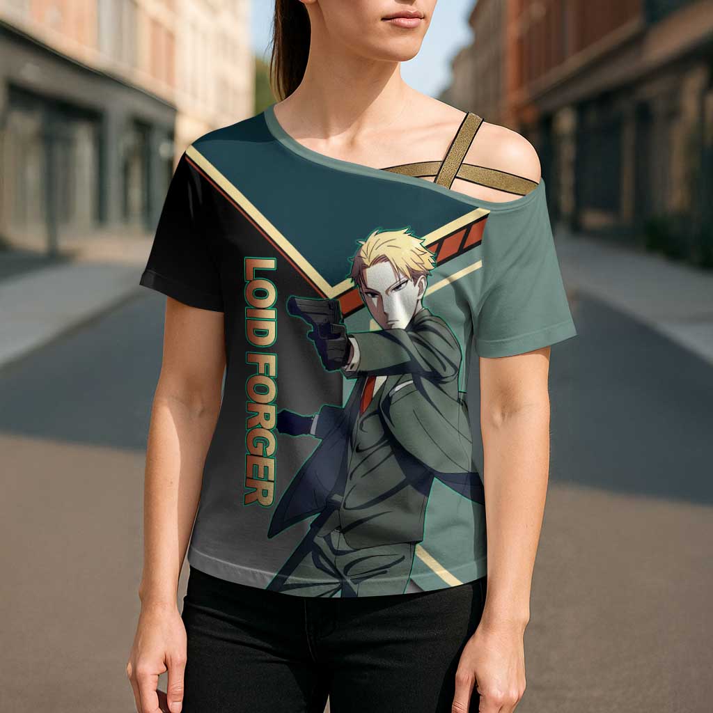 Loid Forger Spy x Family Green and Black Theme Cross Shoulder Shirt with Gun Pose and Sharp Agent Style Design - The Mazicc
