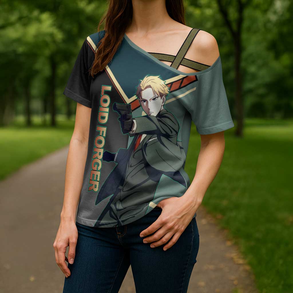 Loid Forger Spy x Family Green and Black Theme Cross Shoulder Shirt with Gun Pose and Sharp Agent Style Design - The Mazicc