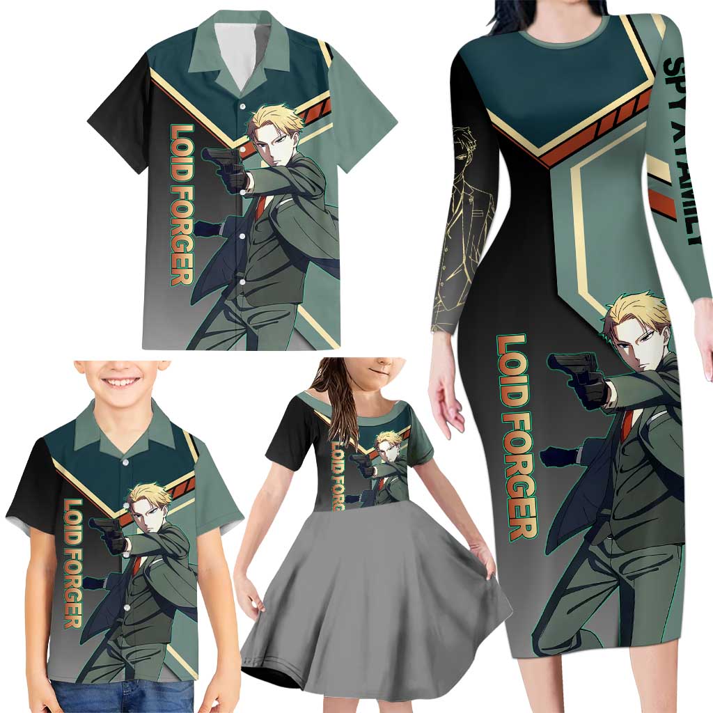 Loid Forger Spy x Family Green and Black Theme Family Matching Long Sleeve Bodycon Dress and Hawaiian Shirt with Gun Pose and Sharp Agent Style Design