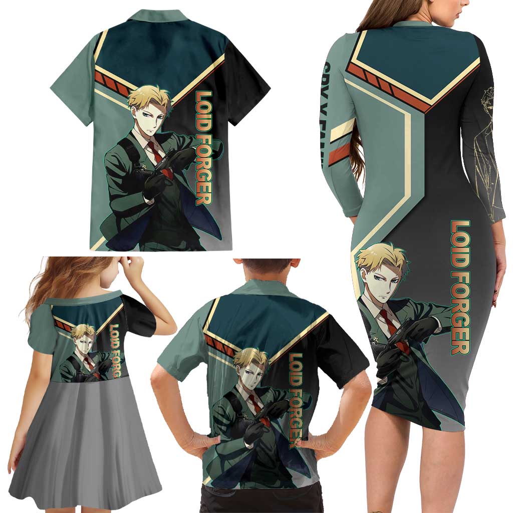 Loid Forger Spy x Family Green and Black Theme Family Matching Long Sleeve Bodycon Dress and Hawaiian Shirt with Gun Pose and Sharp Agent Style Design