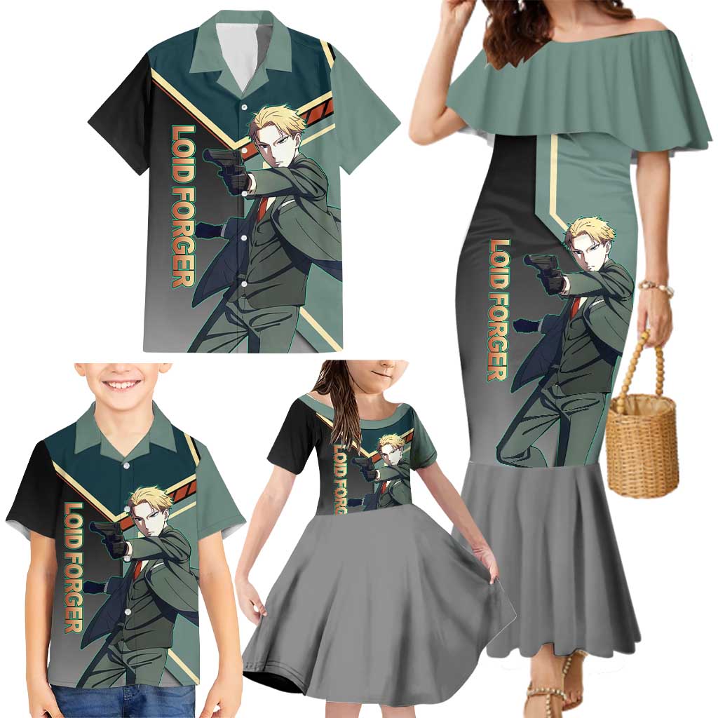 Loid Forger Spy x Family Green and Black Theme Family Matching Mermaid Dress and Hawaiian Shirt with Gun Pose and Sharp Agent Style Design
