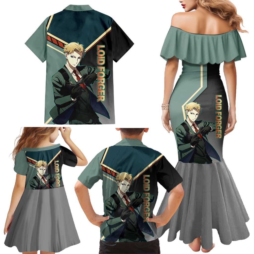 Loid Forger Spy x Family Green and Black Theme Family Matching Mermaid Dress and Hawaiian Shirt with Gun Pose and Sharp Agent Style Design