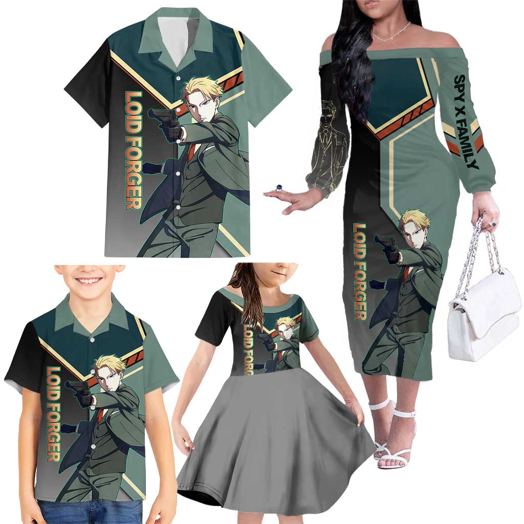 Loid Forger Spy x Family Green and Black Theme Family Matching Off The Shoulder Long Sleeve Dress and Hawaiian Shirt with Gun Pose and Sharp Agent Style Design