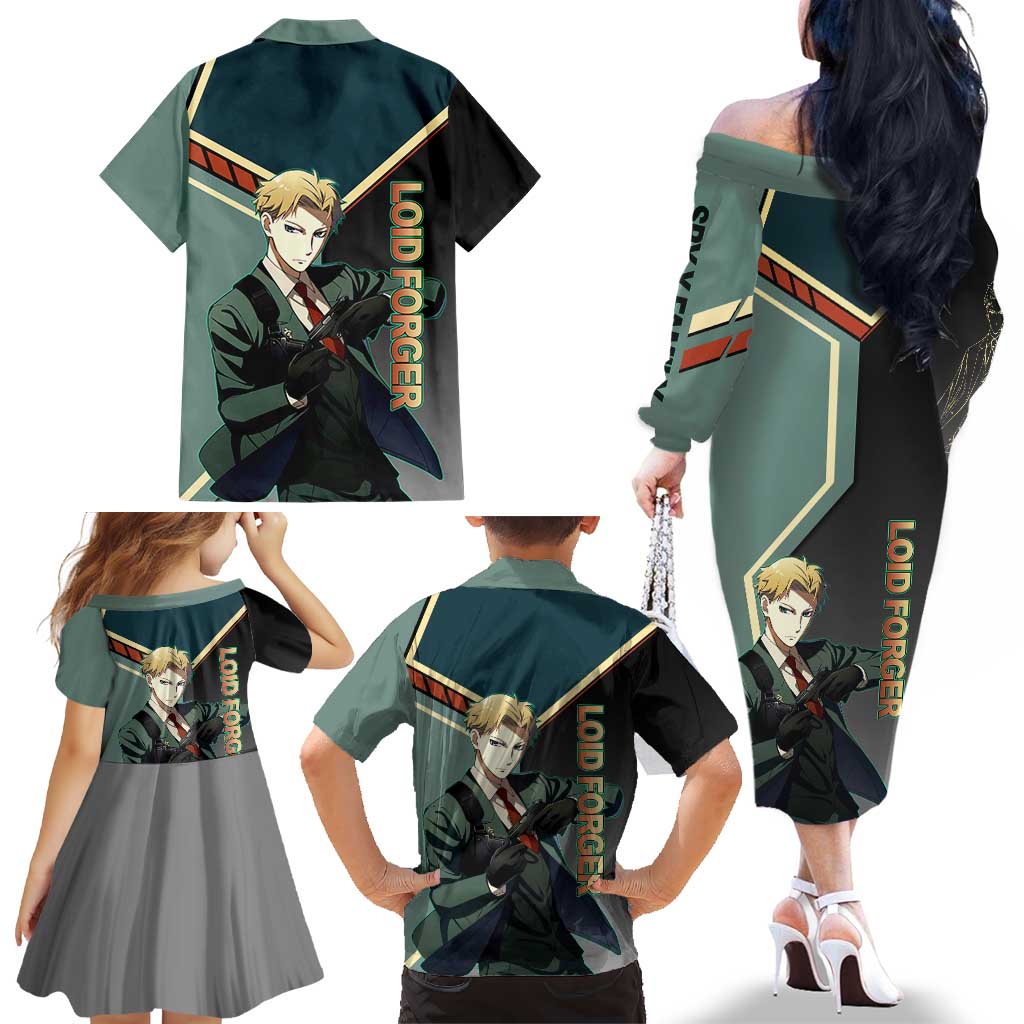Loid Forger Spy x Family Green and Black Theme Family Matching Off The Shoulder Long Sleeve Dress and Hawaiian Shirt with Gun Pose and Sharp Agent Style Design