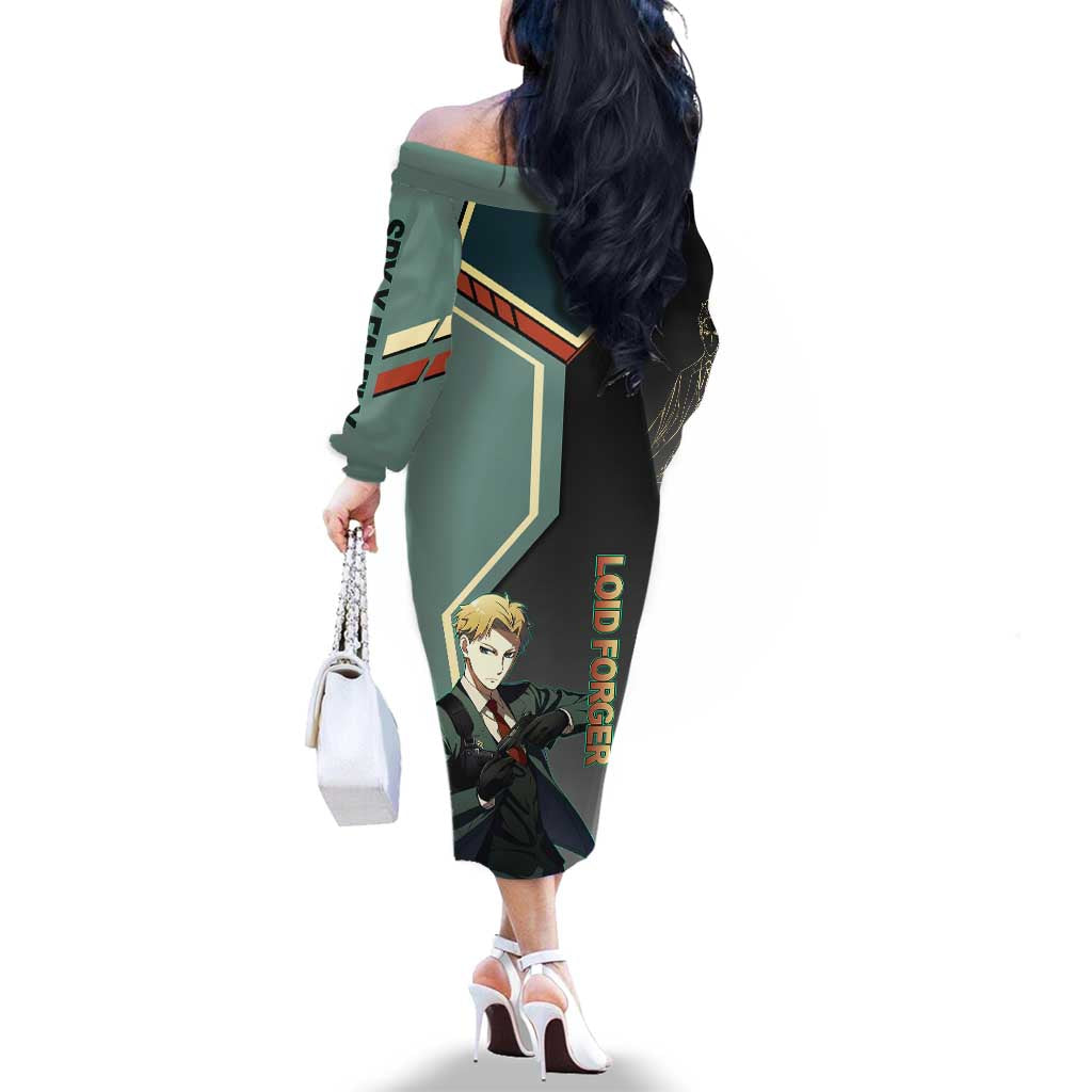 Loid Forger Spy x Family Green and Black Theme Family Matching Off The Shoulder Long Sleeve Dress and Hawaiian Shirt with Gun Pose and Sharp Agent Style Design