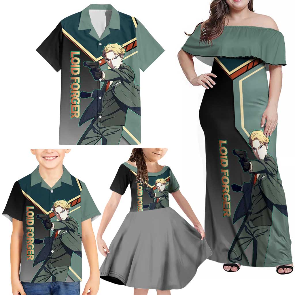Loid Forger Spy x Family Green and Black Theme Family Matching Off Shoulder Maxi Dress and Hawaiian Shirt with Gun Pose and Sharp Agent Style Design