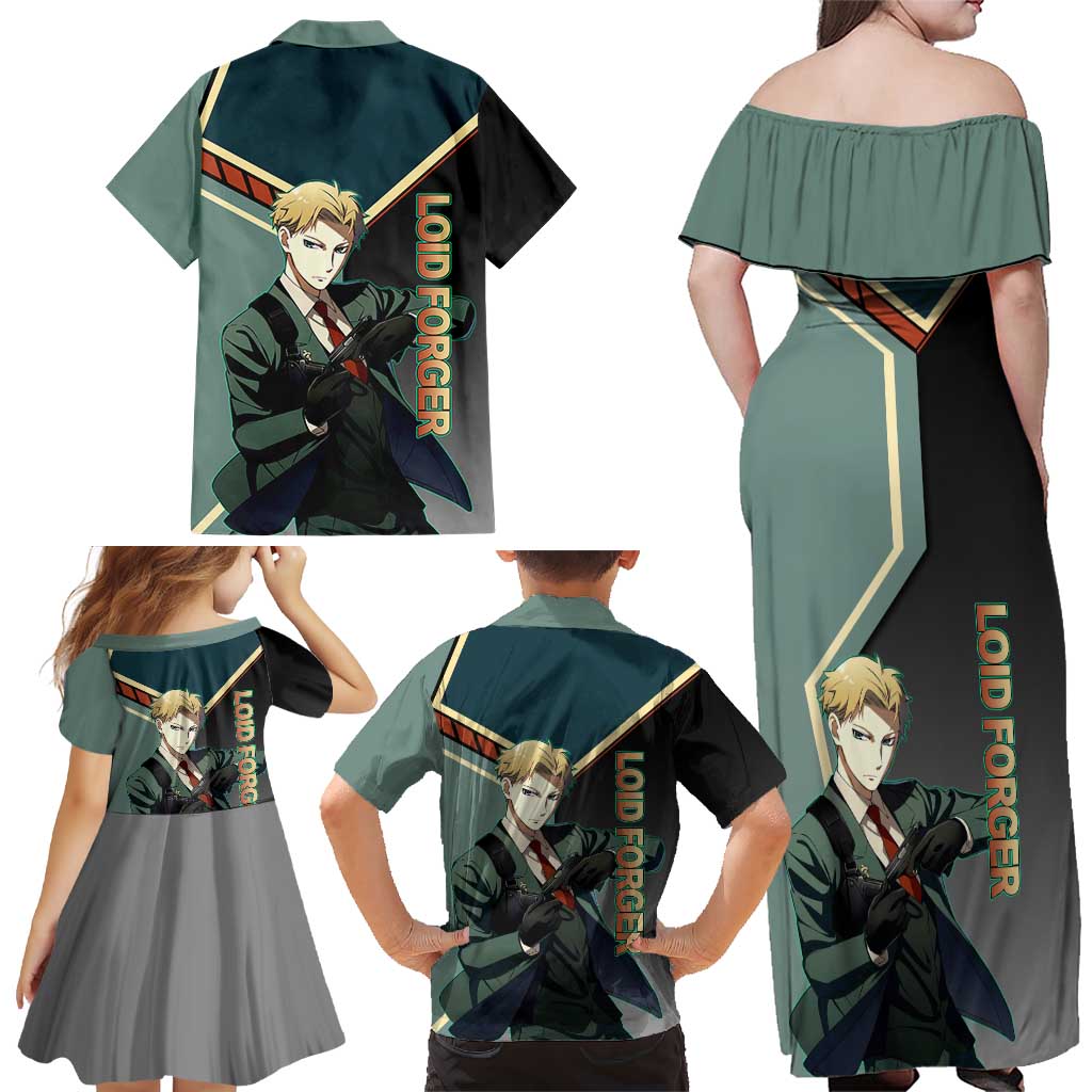 Loid Forger Spy x Family Green and Black Theme Family Matching Off Shoulder Maxi Dress and Hawaiian Shirt with Gun Pose and Sharp Agent Style Design