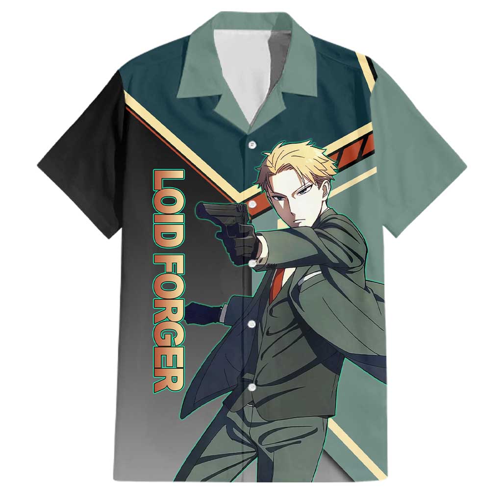 Loid Forger Spy x Family Green and Black Theme Family Matching Off Shoulder Maxi Dress and Hawaiian Shirt with Gun Pose and Sharp Agent Style Design