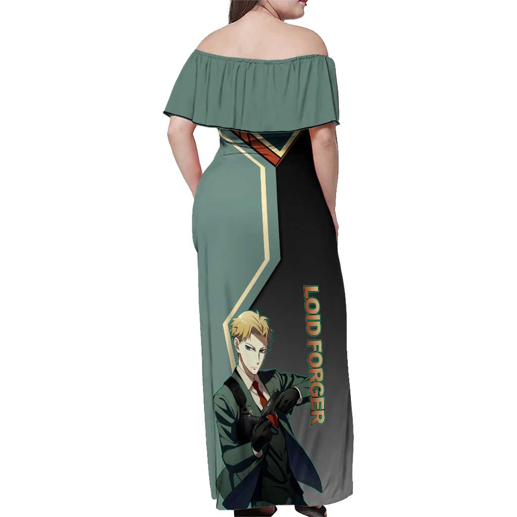 Loid Forger Spy x Family Green and Black Theme Family Matching Off Shoulder Maxi Dress and Hawaiian Shirt with Gun Pose and Sharp Agent Style Design