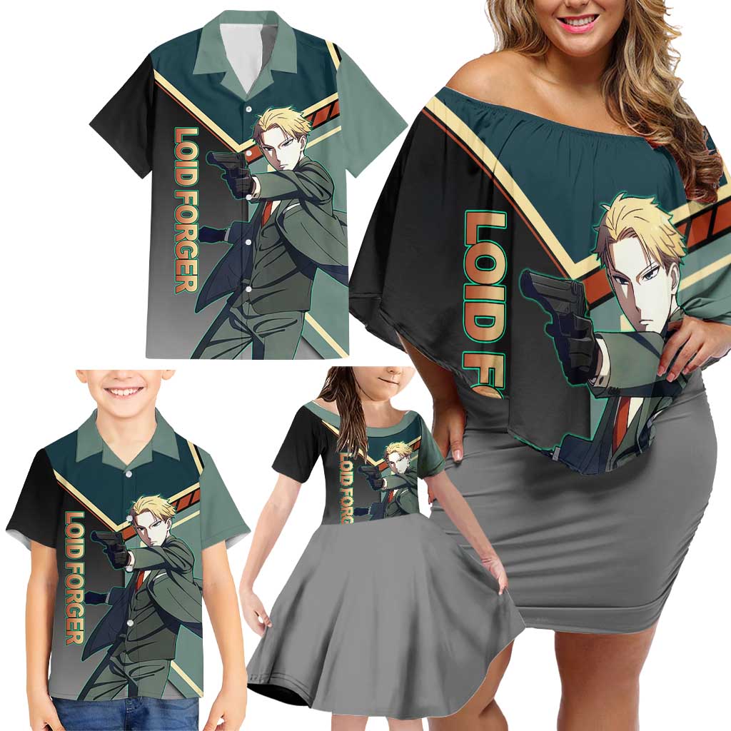 Loid Forger Spy x Family Green and Black Theme Family Matching Off Shoulder Short Dress and Hawaiian Shirt with Gun Pose and Sharp Agent Style Design
