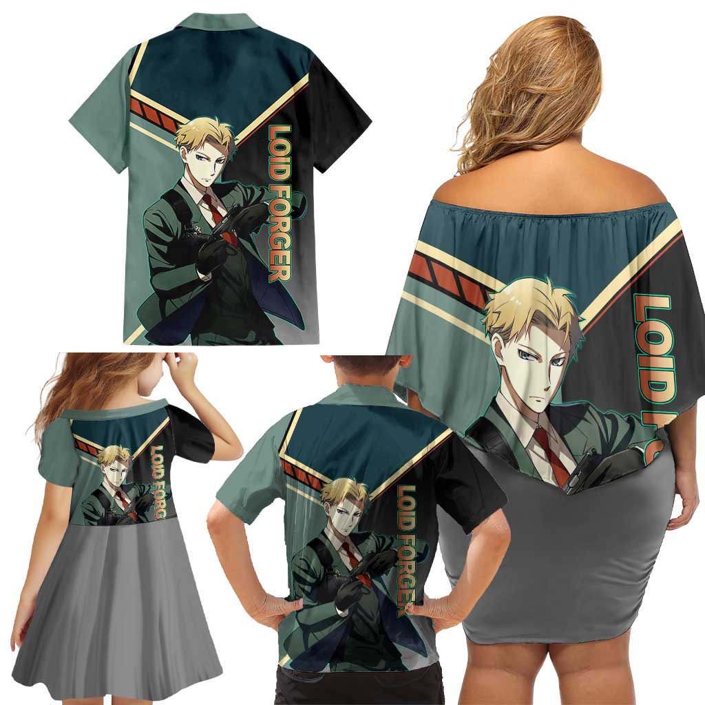 Loid Forger Spy x Family Green and Black Theme Family Matching Off Shoulder Short Dress and Hawaiian Shirt with Gun Pose and Sharp Agent Style Design