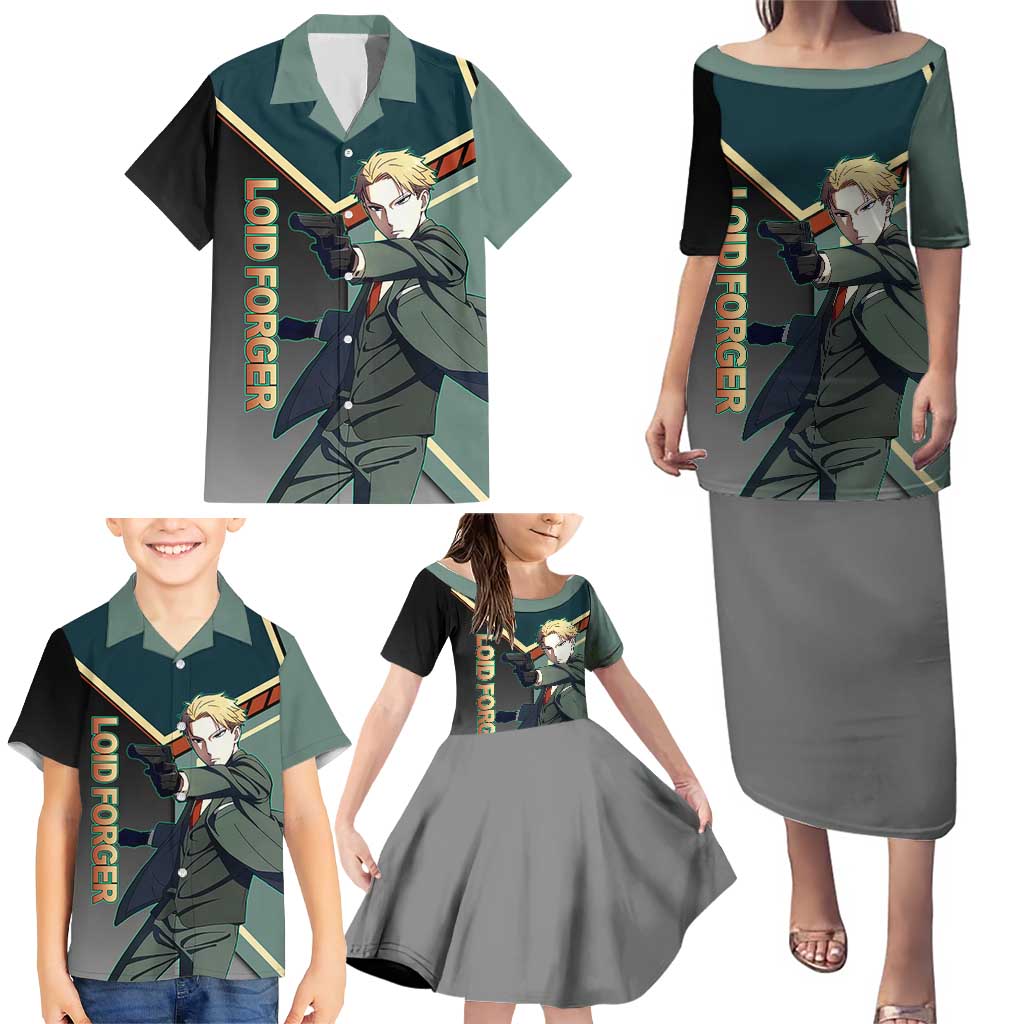 Loid Forger Spy x Family Green and Black Theme Family Matching Puletasi and Hawaiian Shirt with Gun Pose and Sharp Agent Style Design