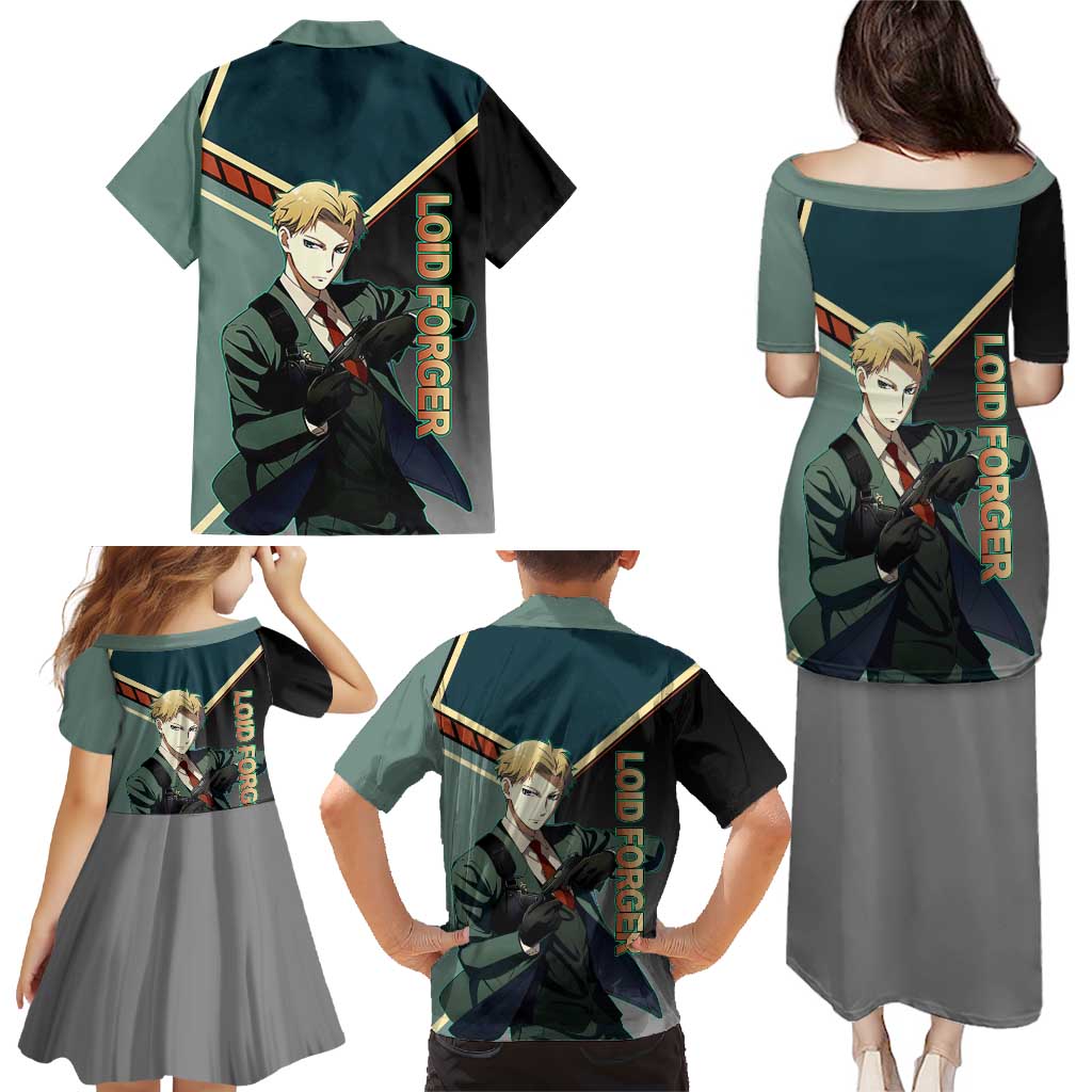 Loid Forger Spy x Family Green and Black Theme Family Matching Puletasi and Hawaiian Shirt with Gun Pose and Sharp Agent Style Design