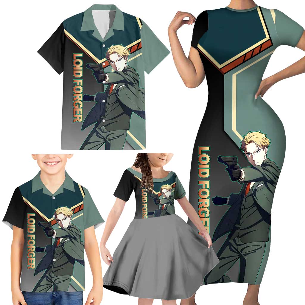Loid Forger Spy x Family Green and Black Theme Family Matching Short Sleeve Bodycon Dress and Hawaiian Shirt with Gun Pose and Sharp Agent Style Design