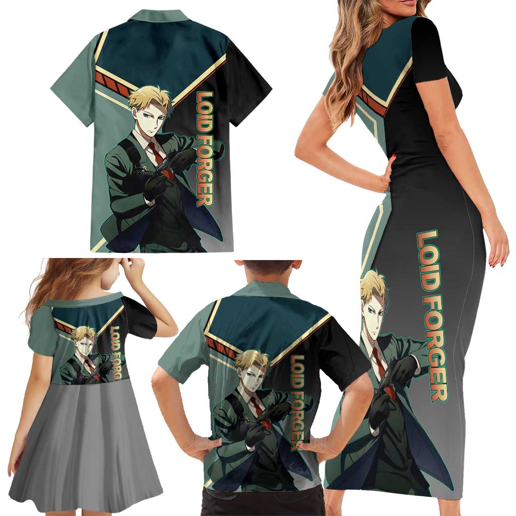 Loid Forger Spy x Family Green and Black Theme Family Matching Short Sleeve Bodycon Dress and Hawaiian Shirt with Gun Pose and Sharp Agent Style Design
