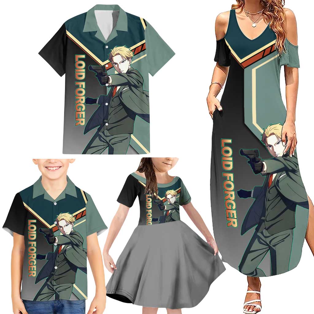 Loid Forger Spy x Family Green and Black Theme Family Matching Summer Maxi Dress and Hawaiian Shirt with Gun Pose and Sharp Agent Style Design