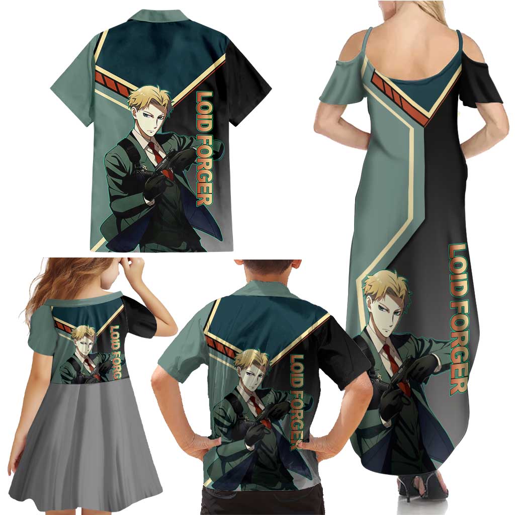 Loid Forger Spy x Family Green and Black Theme Family Matching Summer Maxi Dress and Hawaiian Shirt with Gun Pose and Sharp Agent Style Design