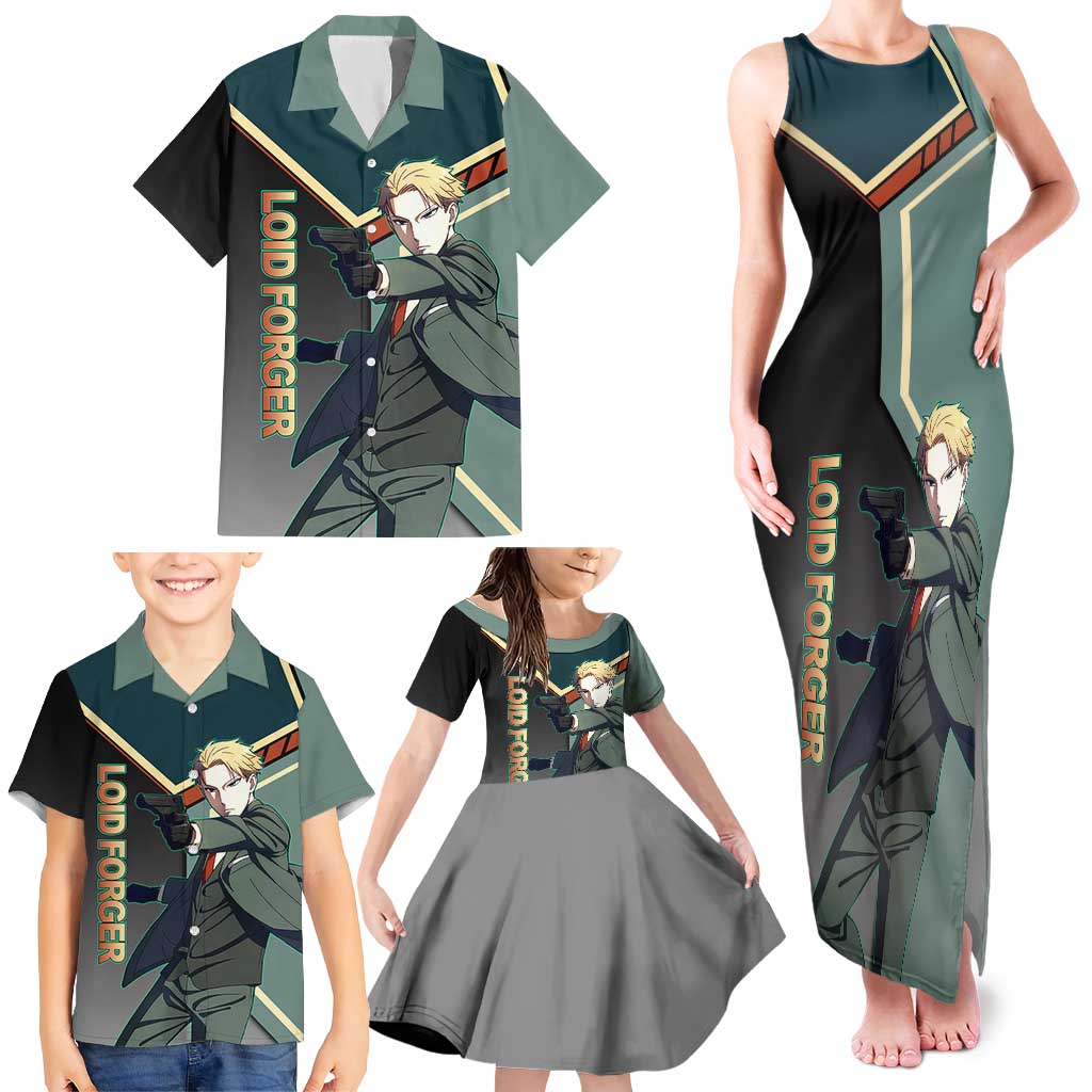 Loid Forger Spy x Family Green and Black Theme Family Matching Tank Maxi Dress and Hawaiian Shirt with Gun Pose and Sharp Agent Style Design