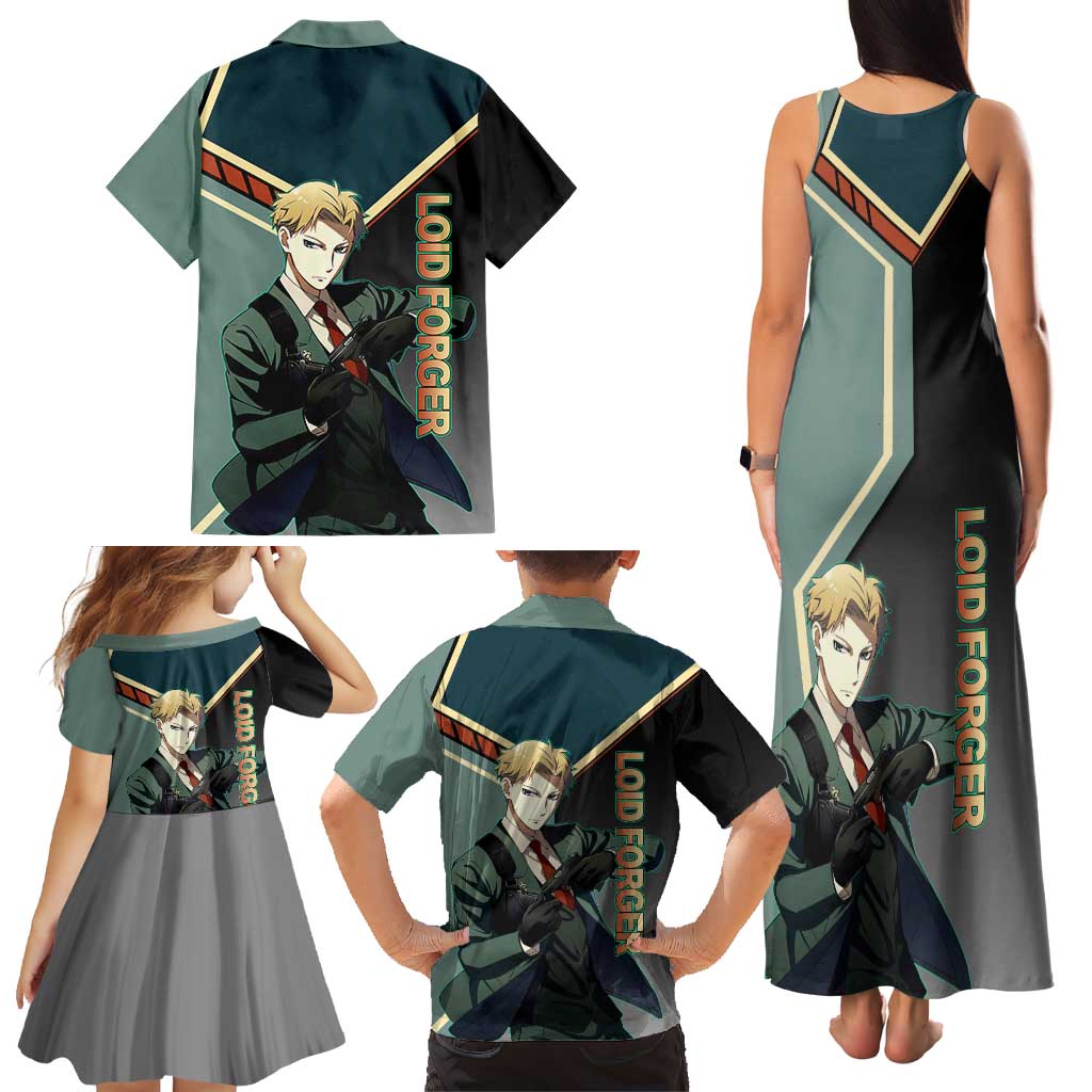 Loid Forger Spy x Family Green and Black Theme Family Matching Tank Maxi Dress and Hawaiian Shirt with Gun Pose and Sharp Agent Style Design