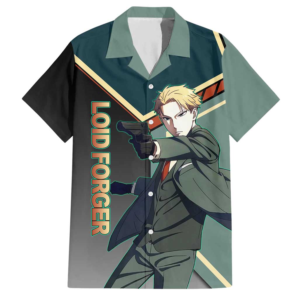 Loid Forger Spy x Family Green and Black Theme Hawaiian Shirt with Gun Pose and Sharp Agent Style Design - The Mazicc
