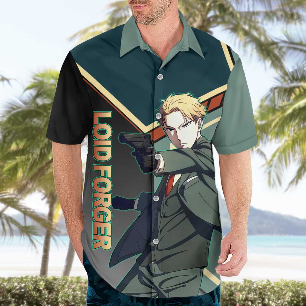 Loid Forger Spy x Family Green and Black Theme Hawaiian Shirt with Gun Pose and Sharp Agent Style Design - The Mazicc