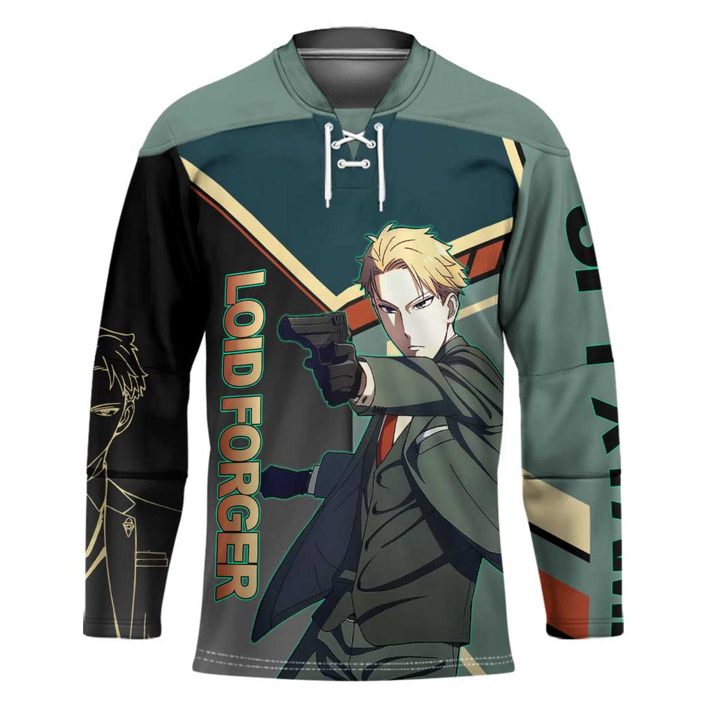 Loid Forger Spy x Family Green and Black Theme Hockey Jersey with Gun Pose and Sharp Agent Style Design - The Mazicc