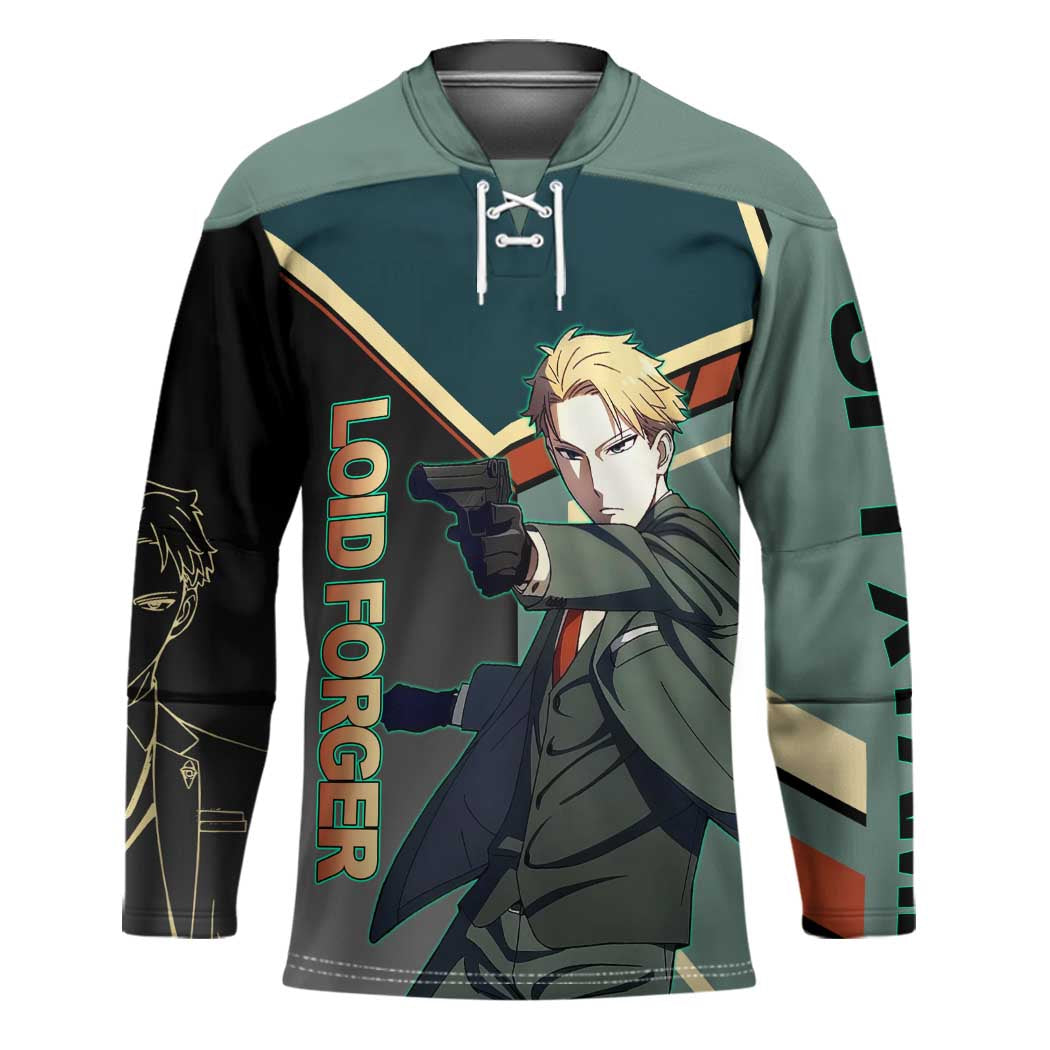 Loid Forger Spy x Family Green and Black Theme Hockey Jersey with Gun Pose and Sharp Agent Style Design - The Mazicc