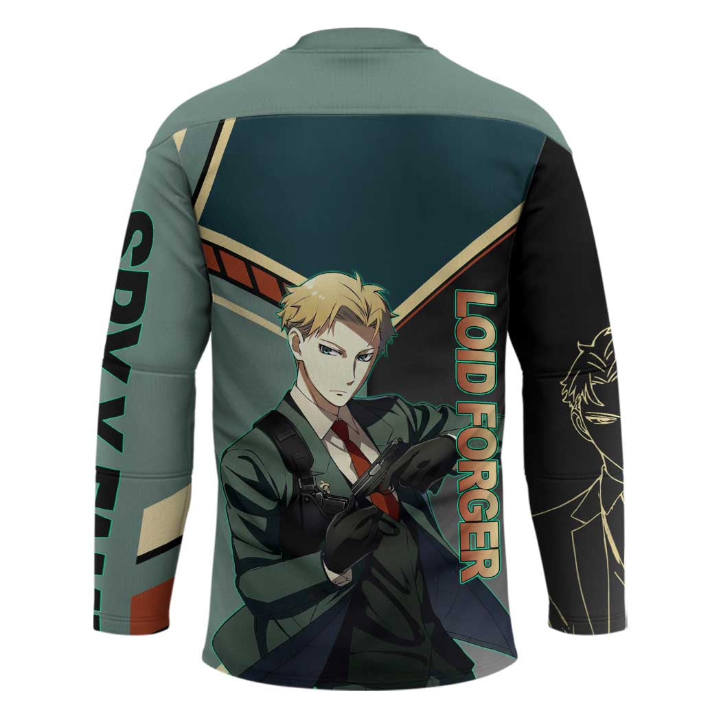 Loid Forger Spy x Family Green and Black Theme Hockey Jersey with Gun Pose and Sharp Agent Style Design - The Mazicc