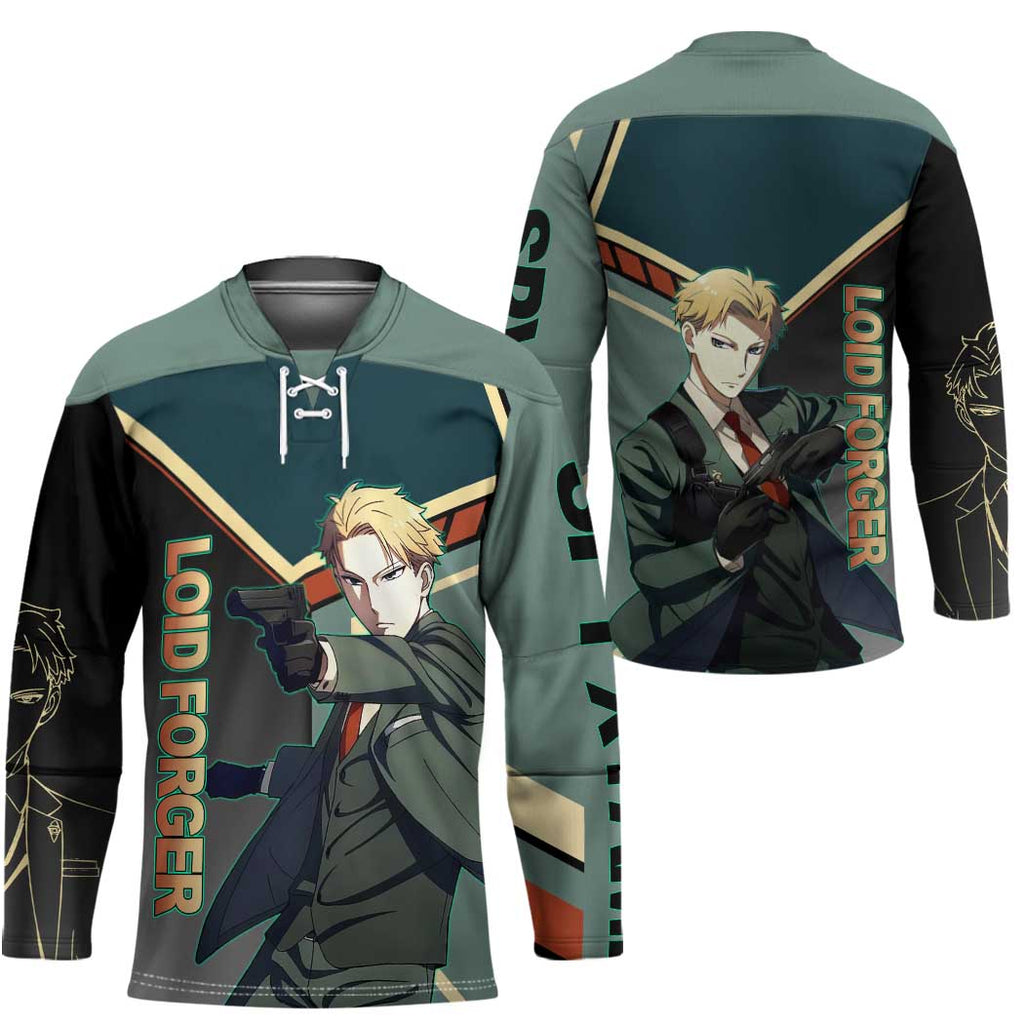 Loid Forger Spy x Family Green and Black Theme Hockey Jersey with Gun Pose and Sharp Agent Style Design - The Mazicc