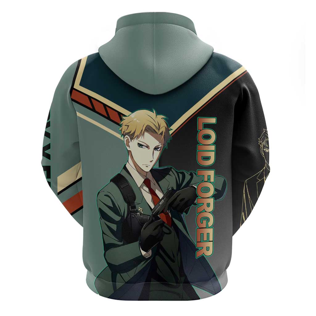 Loid Forger Spy x Family Green and Black Theme Hoodie with Gun Pose and Sharp Agent Style Design - The Mazicc