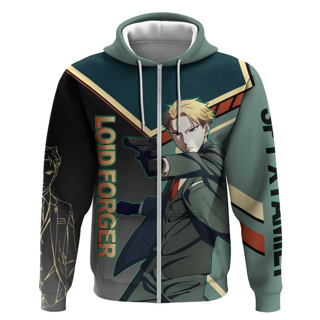 Loid Forger Spy x Family Green and Black Theme Hoodie with Gun Pose and Sharp Agent Style Design - The Mazicc