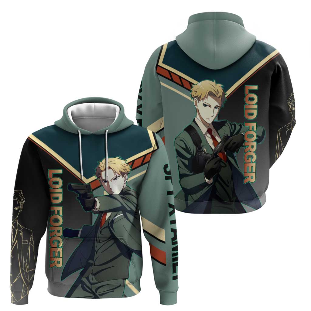 Loid Forger Spy x Family Green and Black Theme Hoodie with Gun Pose and Sharp Agent Style Design - The Mazicc