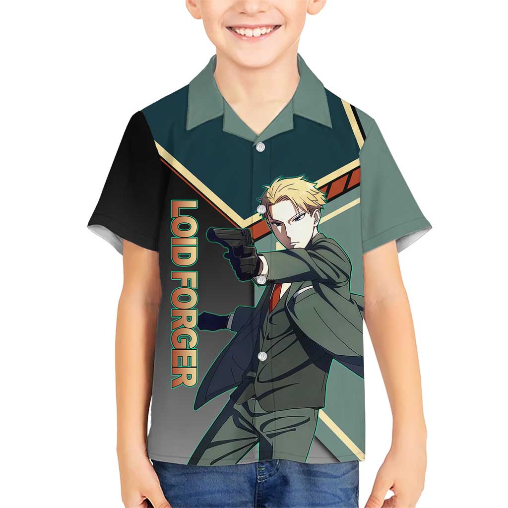 Loid Forger Spy x Family Green and Black Theme Kid Hawaiian Shirt with Gun Pose and Sharp Agent Style Design - The Mazicc