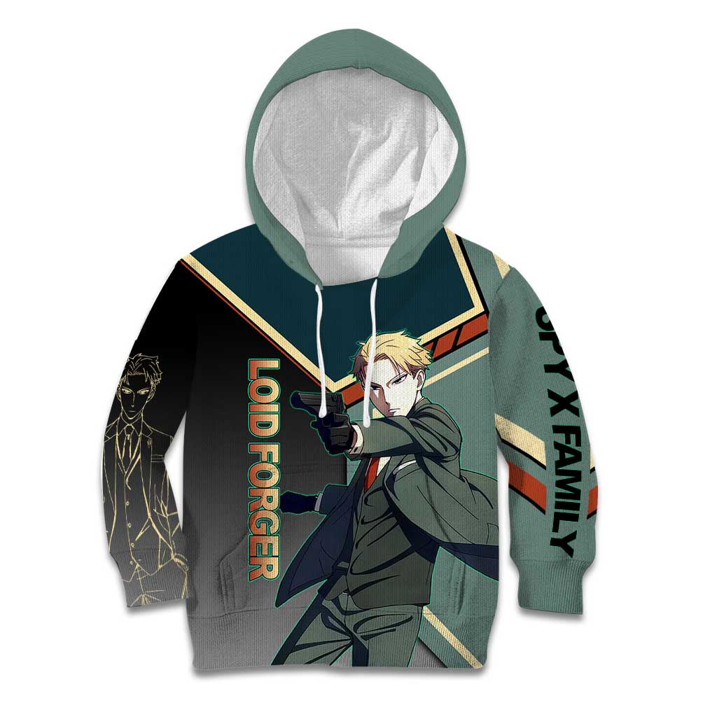 Loid Forger Spy x Family Green and Black Theme Kid Hoodie with Gun Pose and Sharp Agent Style Design - The Mazicc