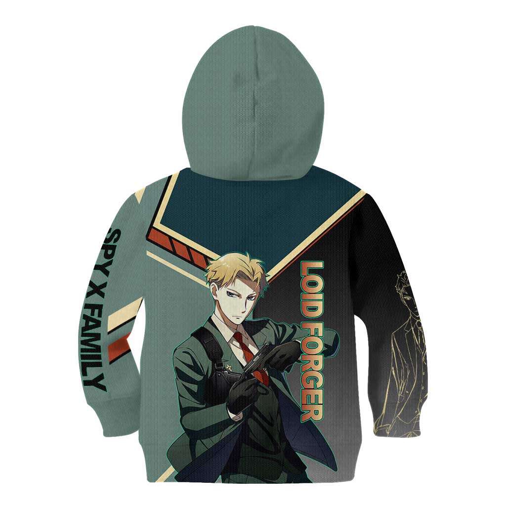 Loid Forger Spy x Family Green and Black Theme Kid Hoodie with Gun Pose and Sharp Agent Style Design - The Mazicc
