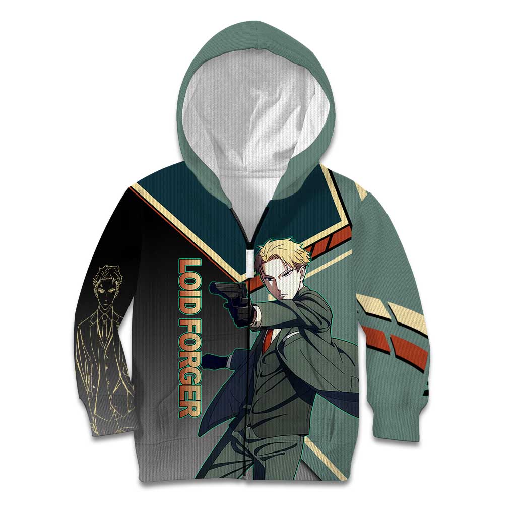 Loid Forger Spy x Family Green and Black Theme Kid Hoodie with Gun Pose and Sharp Agent Style Design - The Mazicc