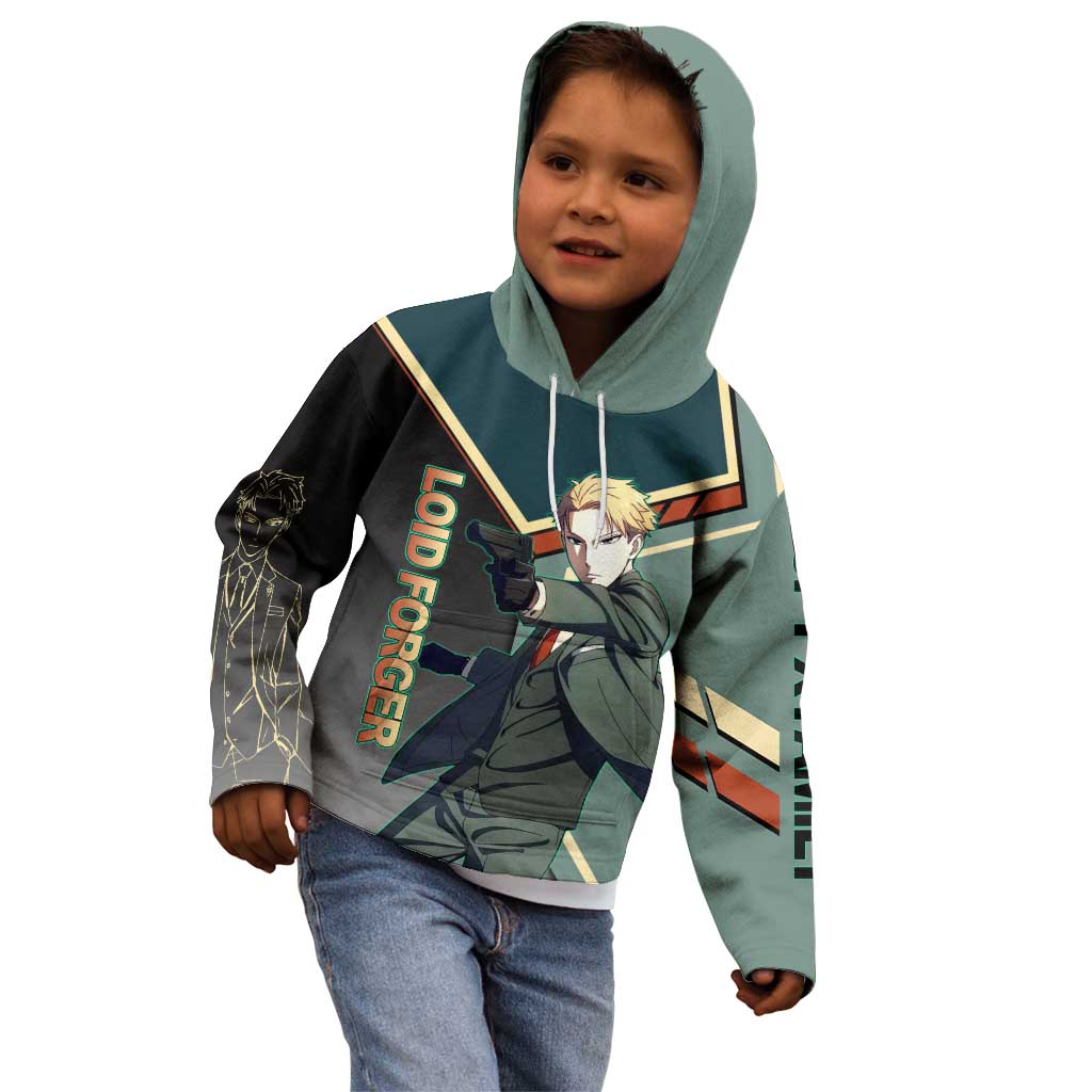 Loid Forger Spy x Family Green and Black Theme Kid Hoodie with Gun Pose and Sharp Agent Style Design - The Mazicc