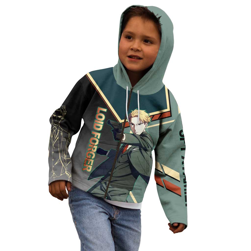 Loid Forger Spy x Family Green and Black Theme Kid Hoodie with Gun Pose and Sharp Agent Style Design - The Mazicc