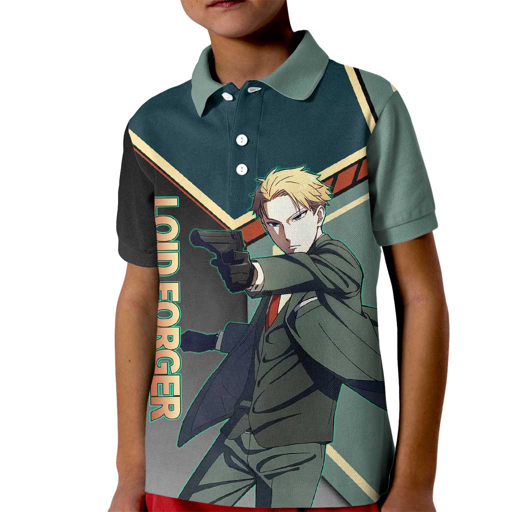 Loid Forger Spy x Family Green and Black Theme Kid Polo Shirt with Gun Pose and Sharp Agent Style Design - The Mazicc