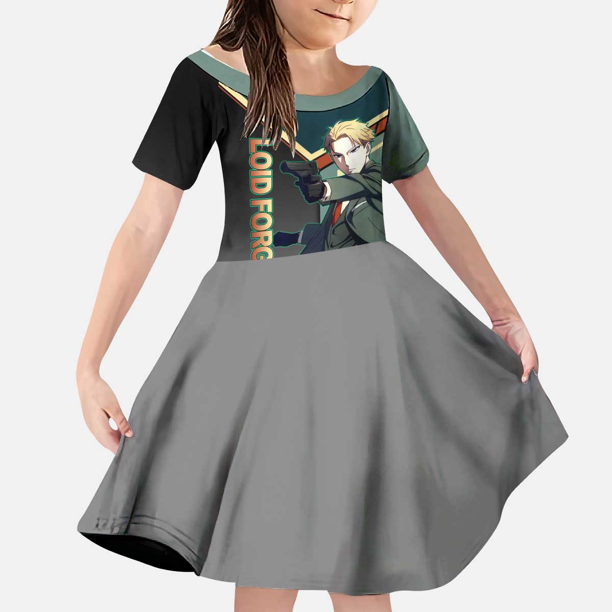 Loid Forger Spy x Family Green and Black Theme Kid Short Sleeve Dress with Gun Pose and Sharp Agent Style Design - The Mazicc