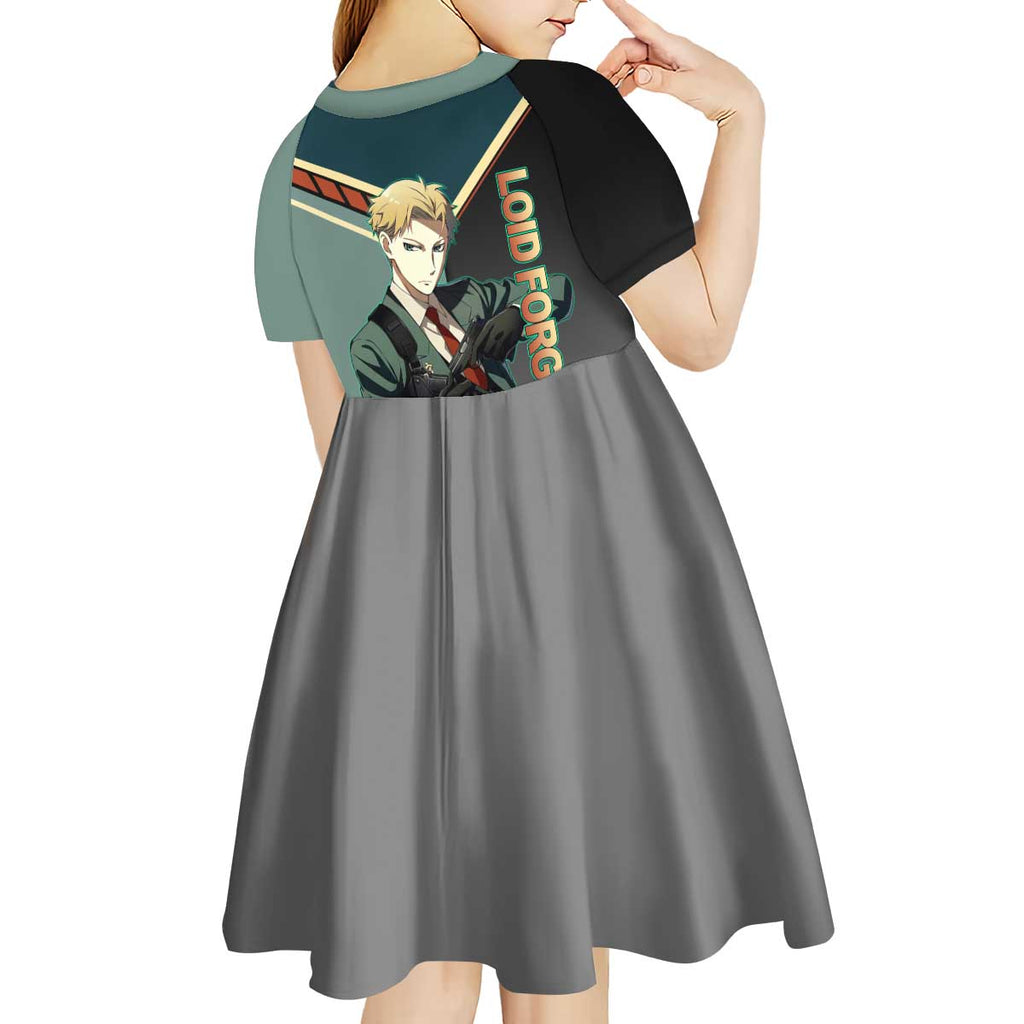 Loid Forger Spy x Family Green and Black Theme Kid Short Sleeve Dress with Gun Pose and Sharp Agent Style Design - The Mazicc