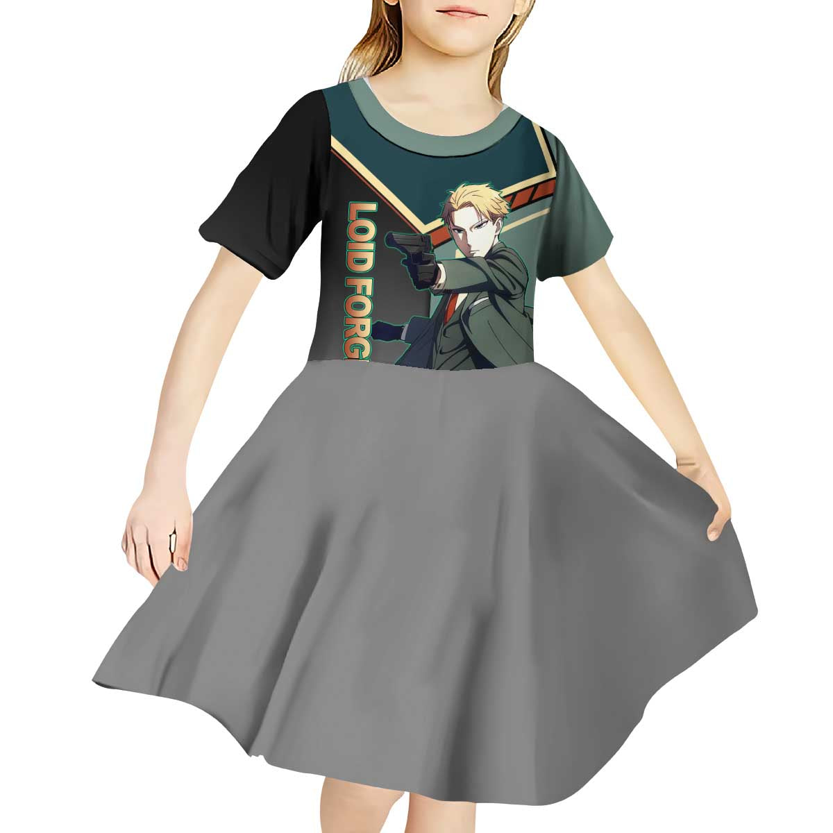 Loid Forger Spy x Family Green and Black Theme Kid Short Sleeve Dress with Gun Pose and Sharp Agent Style Design - The Mazicc