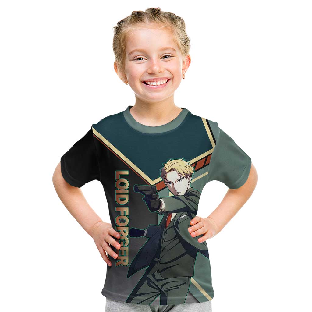 Loid Forger Spy x Family Green and Black Theme Kid T Shirt with Gun Pose and Sharp Agent Style Design - The Mazicc